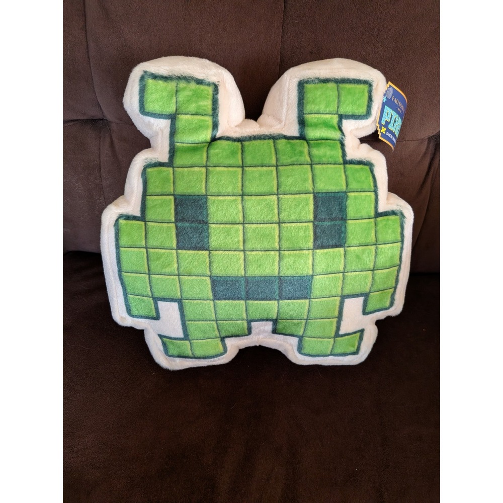 FAO Schwarz Pixel Plush Decorative Throw Pillow Green Retro Gaming Alien 8-Bit